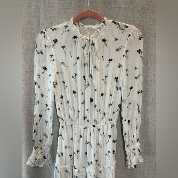 JOIE “Waneta” blue white flower midi dress 3-tier long sleeve ruffle cuff. XS - Picture 13 of 16